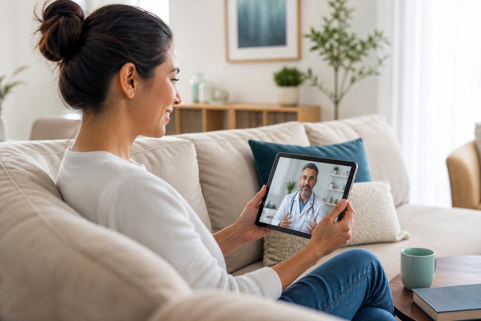 Patient using a device at home for a virtual medical visit