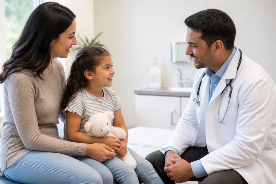 Family speaking with a physician during a clinic visit