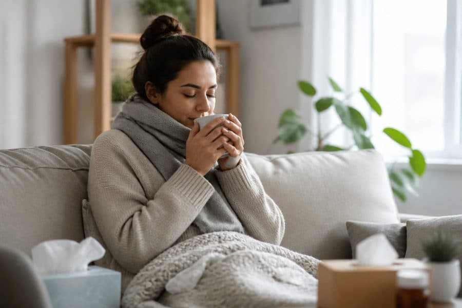 Person recovering comfortably at home from a minor illness