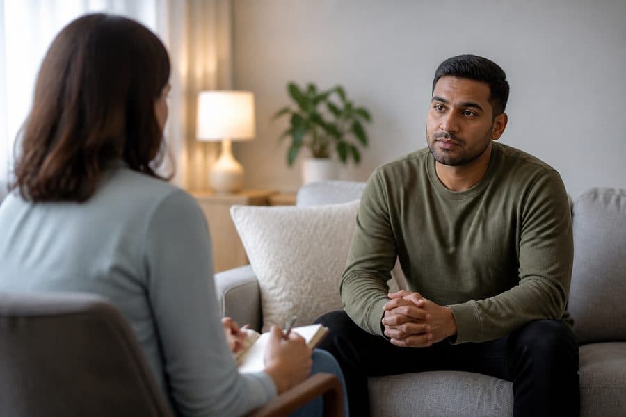 Calm supportive conversation between a clinician and a patient